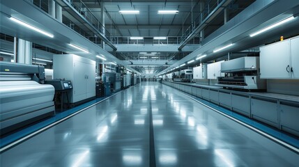 A modern printing factory. The facility is filled with high-tech machinery that shows no sign of recent use, conveying a quiet that has persisted for months. Generative AI.