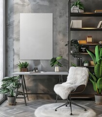 A mockup poster picture frame hangs on a grey wall over an office desk at home, adorned with potted green plants for a modern workspace vibe.