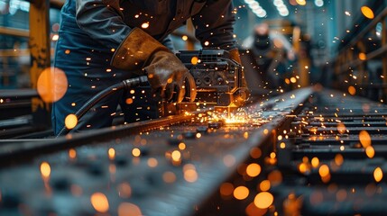 A close up of man working on a metal piece, a electric motor is connected to the piece and the man is welding something. Generative AI.