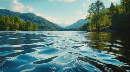 A body of water surrounded by green trees with towering mountains in the background. The scene is peaceful and serene, offering a tranquil atmosphere. - Powered by Adobe