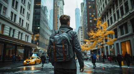 A handsome man wearing a business backpack and walking to work in the streets of New York. Generative AI. - obrazy, fototapety, plakaty
