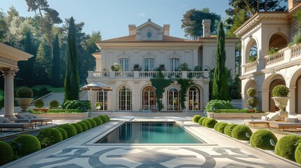 A beautiful backyard of an opulent neoclassical residential property in France. Generative AI.