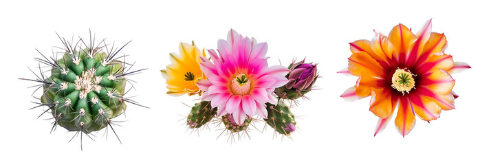 set of species of cacti flowers, juxtaposed against their spiky foliage, isolated on transparent background
