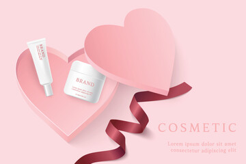 Cosmetic product ads template on pink background with heart shape gift box and ribbon.
