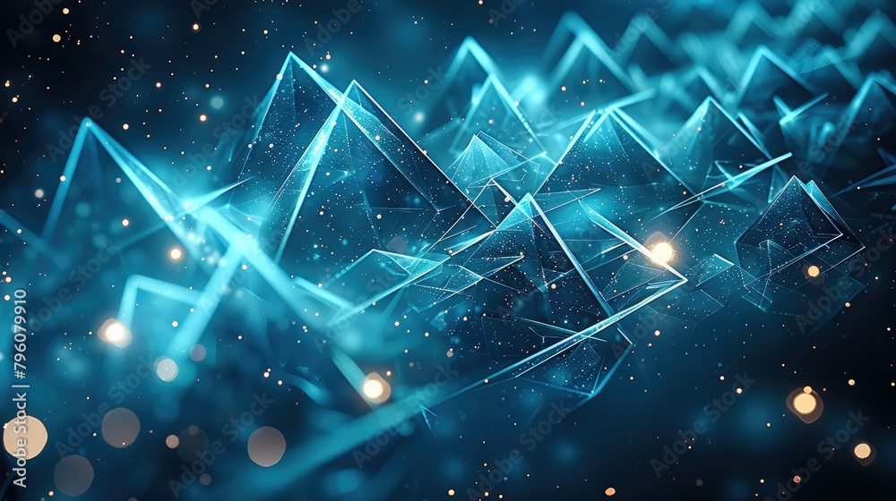 Poster Enigmatic turquoise blue triangles merging with abstract light patterns, perfect for sleek hi-tech presentations. Generative AI.
