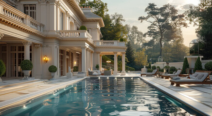 A beautiful backyard of an opulent neoclassical residential property in France. Generative AI.