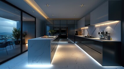 A modern kitchen neatly illuminated by recessed LED spots, showcasing a sleek and clean design. The lighting highlights the countertops and architectural details. Generative AI. - obrazy, fototapety, plakaty