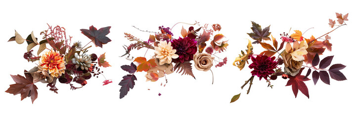 set of arrangements of autumn flowers and fallen leaves, capturing the essence of the season with rich colors and textures, isolated on transparent background