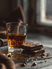 Whisky Glass and Chocolate Bars on Glass Surface