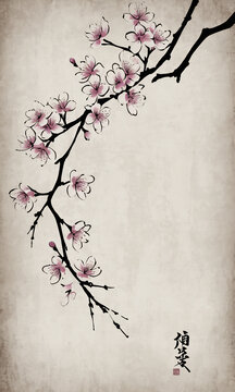 Fantasy illustration. Sakura branch. Illustration for the interior. Background. Wallpaper for computer, tablet. Illustration in grash style.