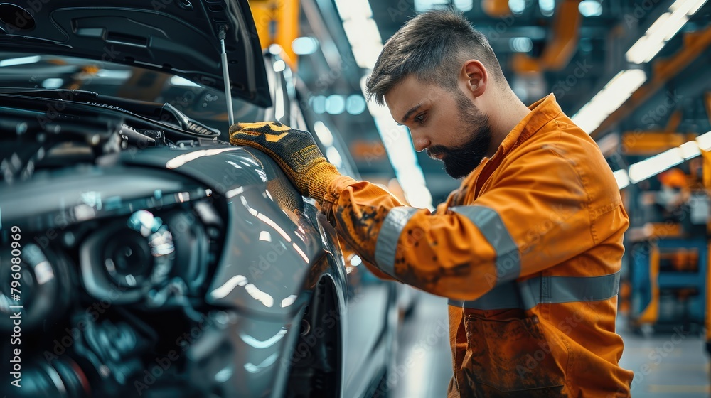 Poster The employee of an automotive factory fixes a technical issue. Generative AI.