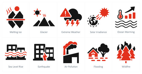 A set of 10 climate change icons as melting ice, glacier, extreme weather