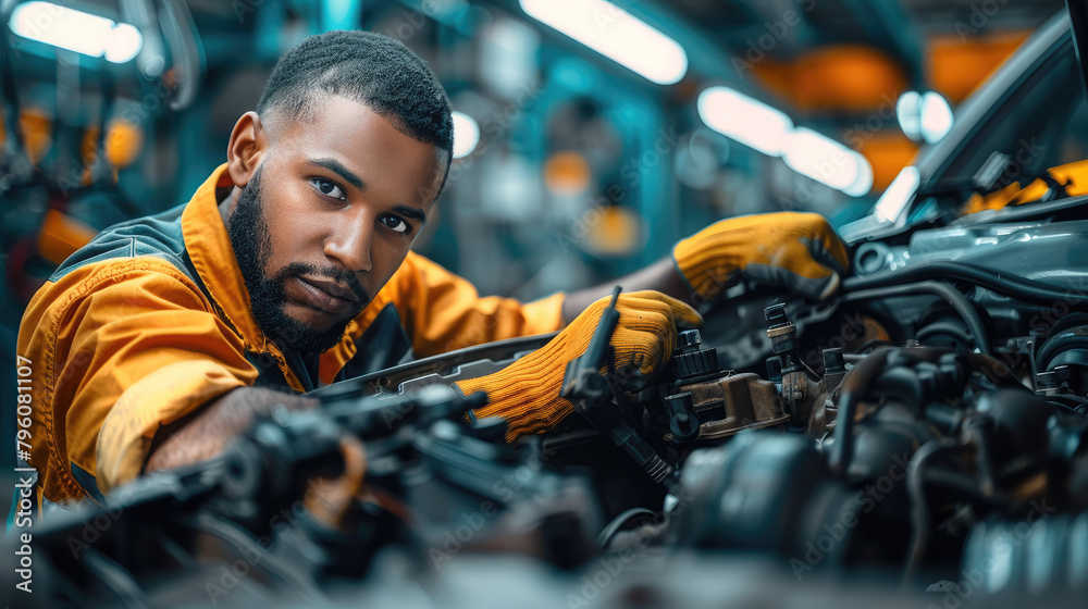 Fototapete the employee of an automotive factory fixes a technical issue. generative ai.
