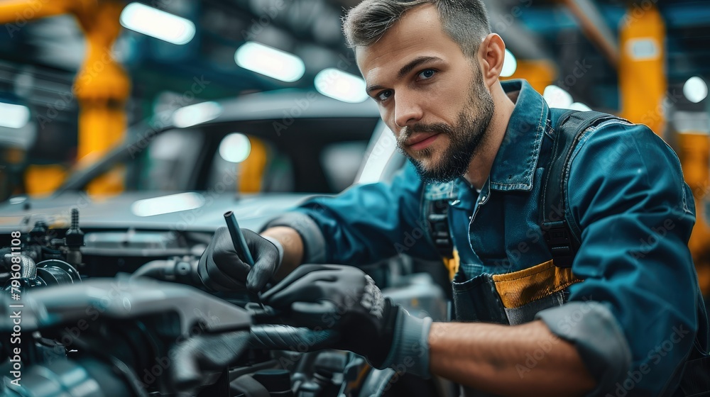 Fototapete the employee of an automotive factory fixes a technical issue. generative ai.