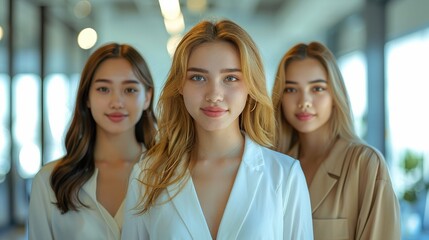 A team of 3 pretty woman assistants standing in office. Generative AI.