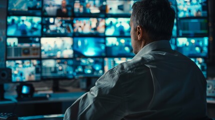 A security guard monitoring surveillance cameras in a control room