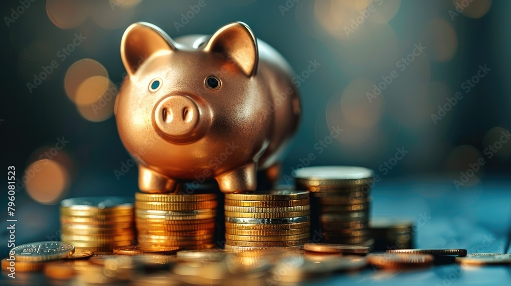 Poster a piggy bank placed atop a stack of coins against a dark blue background. generative ai.