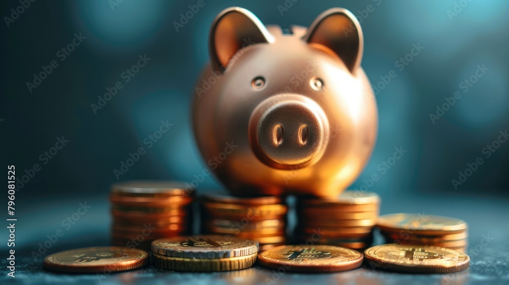 Poster a piggy bank placed atop a stack of coins against a dark blue background. generative ai.