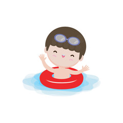 Kid wearing float rings, Cute Kids cartoon Pool party characters, child spending holidays in seaside or swimming pool on white background Vector illustration