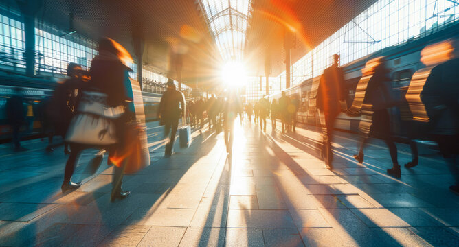 A busy train station with people walking around to board trains