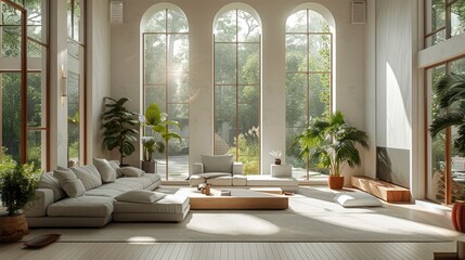 Beautiful interior design, light colors, sofas, lots of natural light and natural trees in the scene. Generative AI.