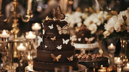 Exquisite chocolate birthday cake featuring handcrafted sugar butterflies and intricate lace detailing, showcased on a dessert table at a romantic candlelit wedding reception - obrazy, fototapety, plakaty