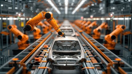 A robotic arm meticulously assembling a car in a high-tech factory setting. Focus on the precision of the robotic arm and the emerging details of the car. Generative AI. - obrazy, fototapety, plakaty