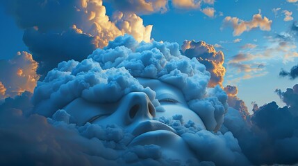 A surreal image of fluffy clouds forming the shape of a sleeping face, set against a twilight sky, symbolizing the gateway to dreamland, super realistic