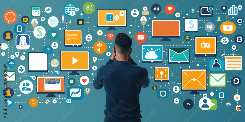 Poster businessman with his back turned looking at social media icons and using digital marketing tools on 