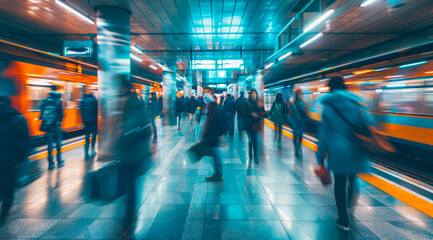 A busy train station with people walking around to board trains