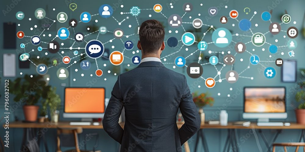 Poster businessman with his back turned looking at social media icons and using digital marketing tools on 