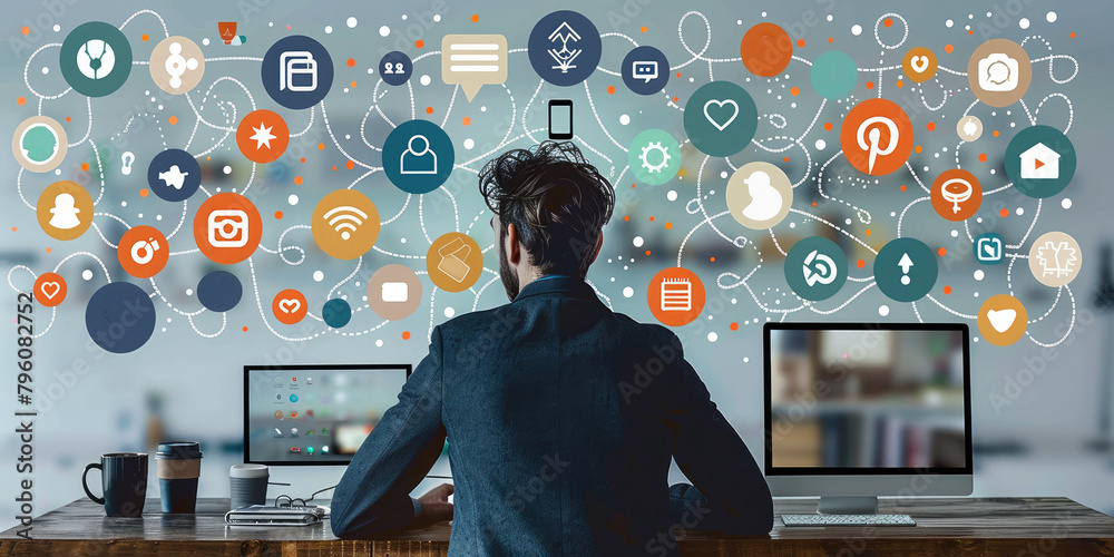 Aufkleber Businessman with his back turned looking at social media icons and using digital marketing tools on the computer screen in the office, vector illustration concept. Generative AI.