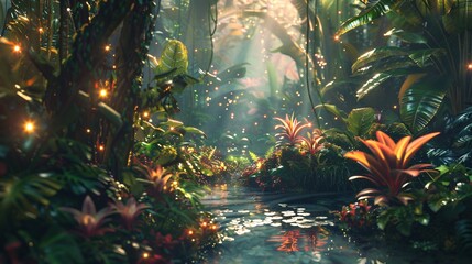 Magical fantasy forest comes to life with glowing plants background