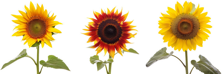 set types of sunflowers, from dwarf to giant varieties, showcasing their sunny and uplifting faces, isolated on transparent background