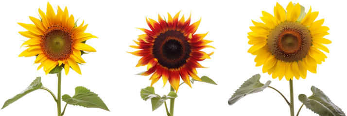set types of sunflowers, from dwarf to giant varieties, showcasing their sunny and uplifting faces, isolated on transparent background