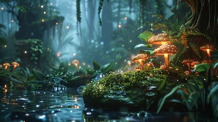 Fototapeta premium Magical fantasy forest comes to life with glowing plants background