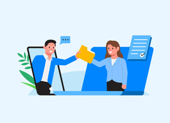 Send online document to business partners. Business exchange. Workers with folders. Sharing folder smartphone and laptop. Employees send file. vector cartoon illustration.
