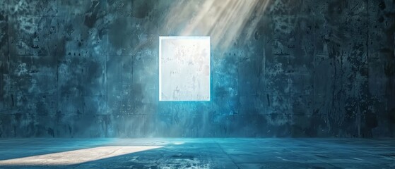 3d rendering of blue lighten square shape with light beam and grunge wall background