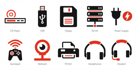 A set of 10 computer parts icons as cd player, usb, floppy