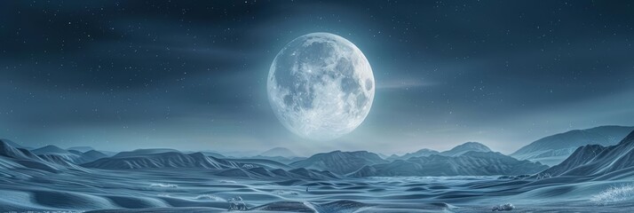 A full moon rises majestically above the horizon, bathing the landscape in a silvery light that transforms the ordinary into the mystical, art concept