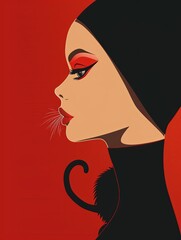 A bold vector illustration of a woman in profile with cat-like features, set against a vibrant red background.