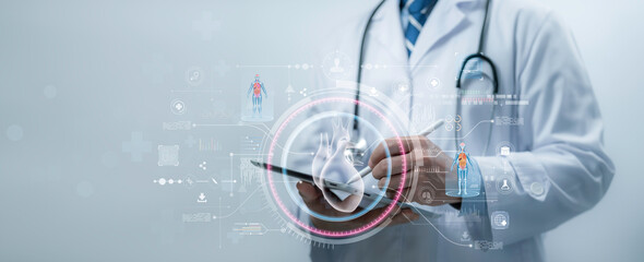 A medical worker working with virtual  human heart Hologram HUD interface, innovation, healthcare analysis, AI technology, digital, hi-tech, future medicine, modern treatment