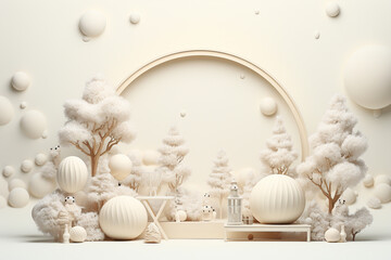 3d render of minimal display podium with white Christmas tree and decorations