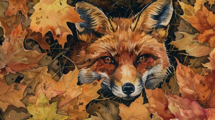 Fototapeta premium A red fox peeks through autumn leaves, its bright eyes curious and alert, captured in a wash of warm, earthy tones, kawaii, bright water color