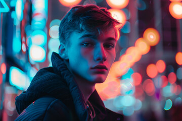 Obraz premium Young modern teenager boy with short hair in the city with lights in the background at night