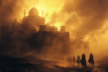 ancient arab background design, moments soldiers arabian before entering the battleground , Rembrandt Lighting