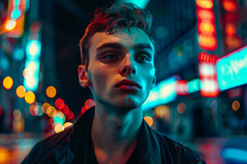 Fototapeta premium Young modern teenager boy with short hair in the city with lights in the background at night
