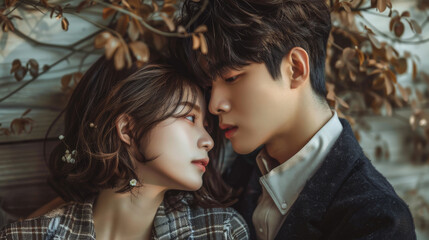 Portrait of an asian Korean young modern loving couple, cute and playful girl, beautiful and handsome boy is handsome , the two love each other