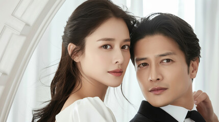 Korean couple like in a Korean drama with a modern man and woman with long beautiful hair