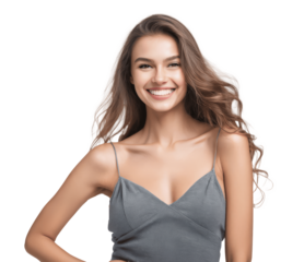 portrait of a smiling woman with wavy long hair in grey outfit isolated on transparent background